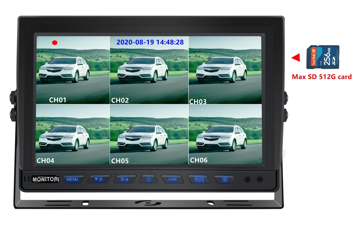 10 colių galinis monitorius su SD kortelės įrašymu 8 kamerų palaikymas