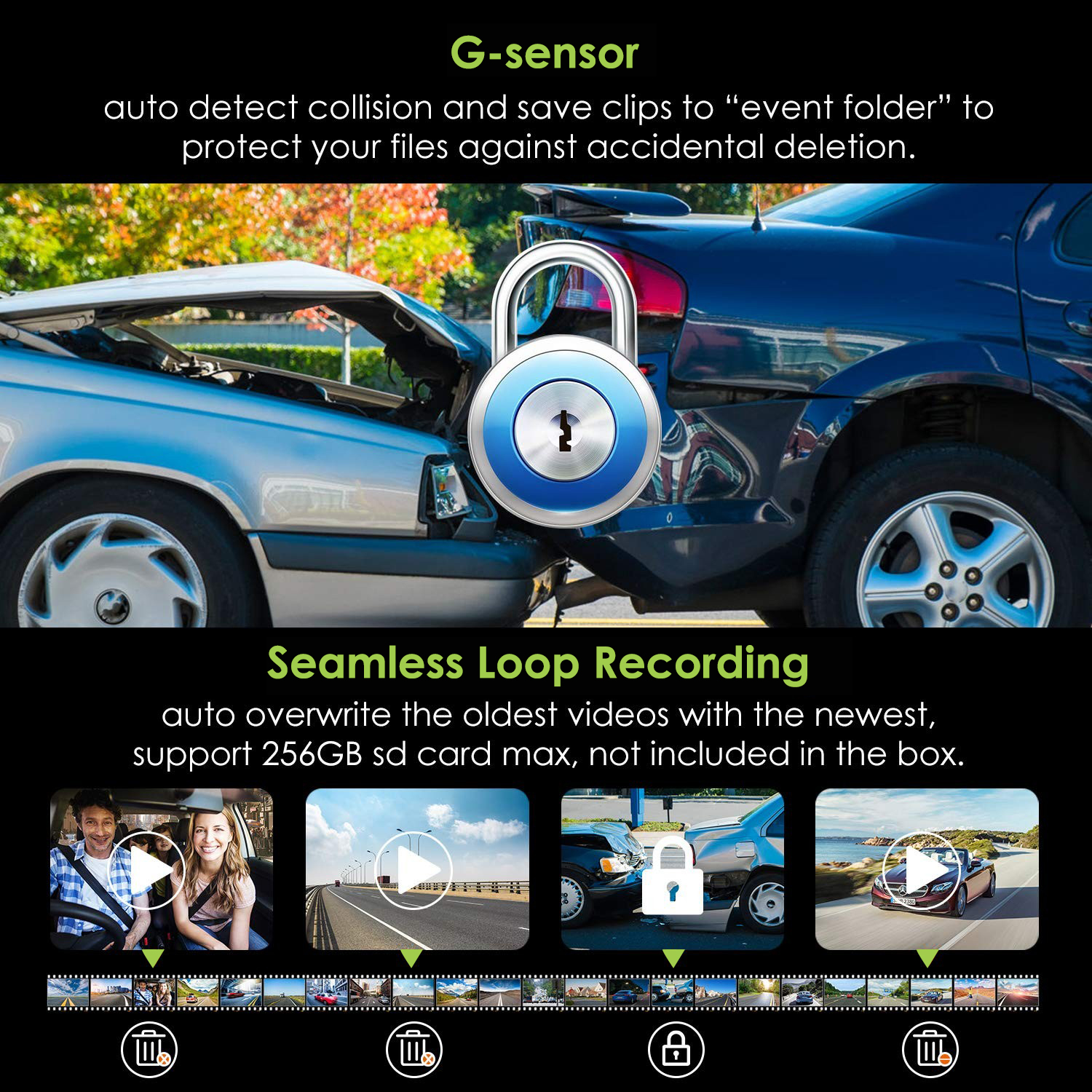 G sensorinė apsaugos nuo smūgio kamera automobilyje