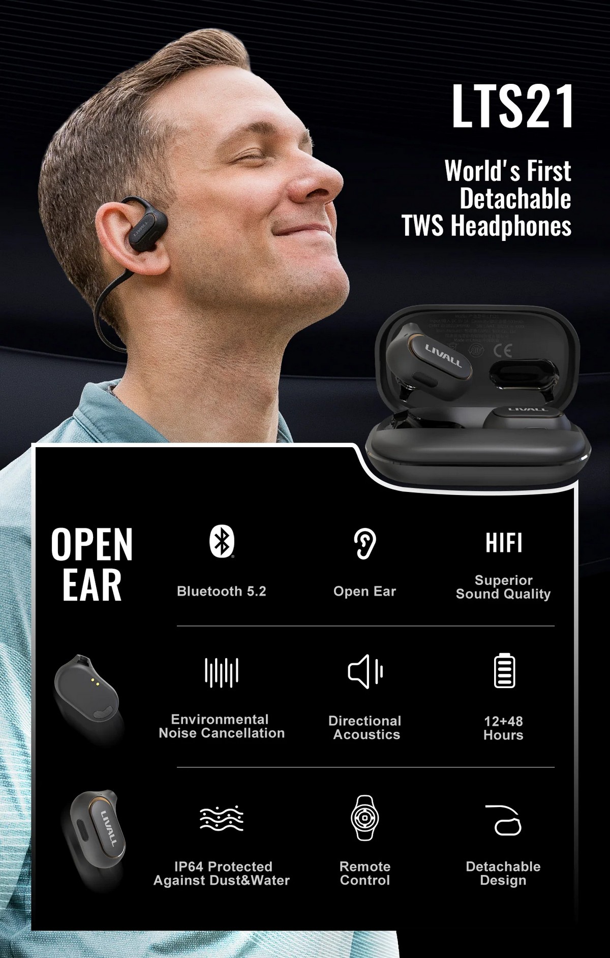 Sportinės belaidės ausinės su „Bluetooth“ – nuimamas atviros ausinės dizainas