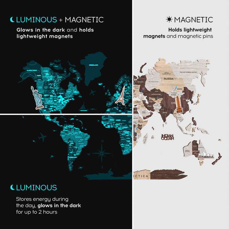 magnetiniai mediniai sieniniai žemėlapiai 3d fluorescenciniai
