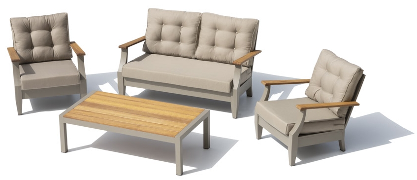 Terasinė sėdimoji vieta prabangiame moderniame sode - sofa su foteliais 4 asmenims + stalas