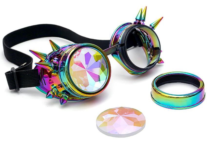 Steampunk holografiniai švytintys akiniai