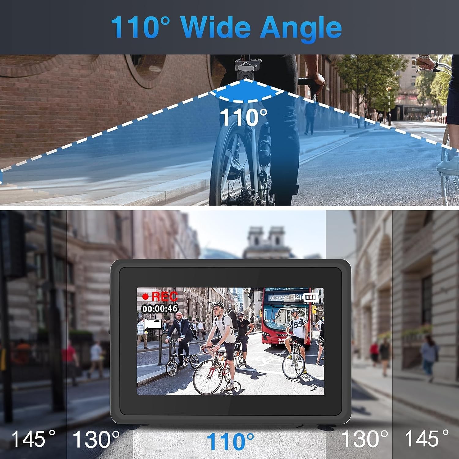 dviračio kameros žiūrėjimo kampas 110 laipsnių + monitorius