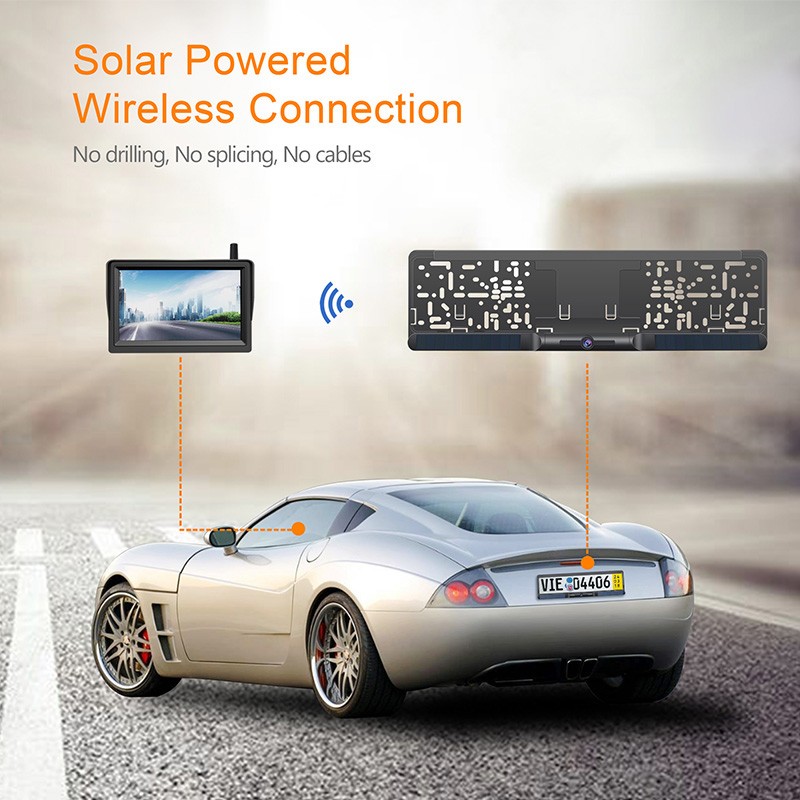 saulės automobilio kamera ir HD monitorius valstybiniame numeryje