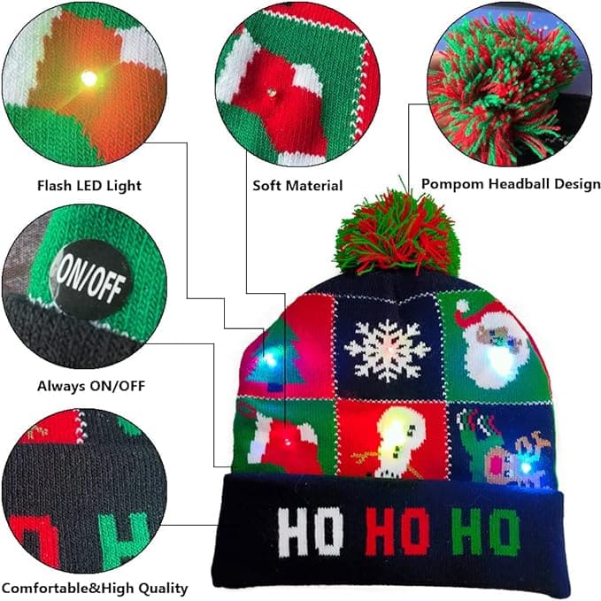 žieminės kepurės žiemai su pomponu ir šviečiančiais šviesos diodais
