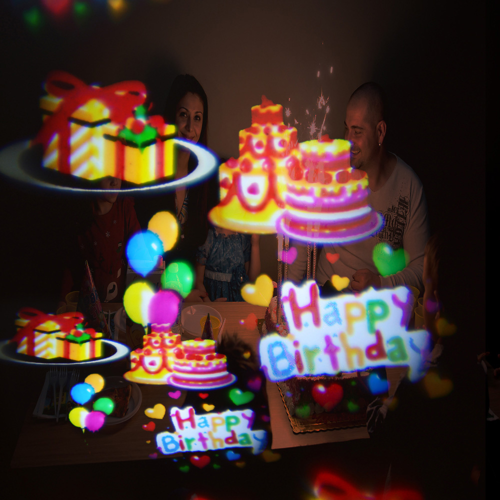 vakarėlių linksmybių LED projektorius su gimtadienio balionų projekcija