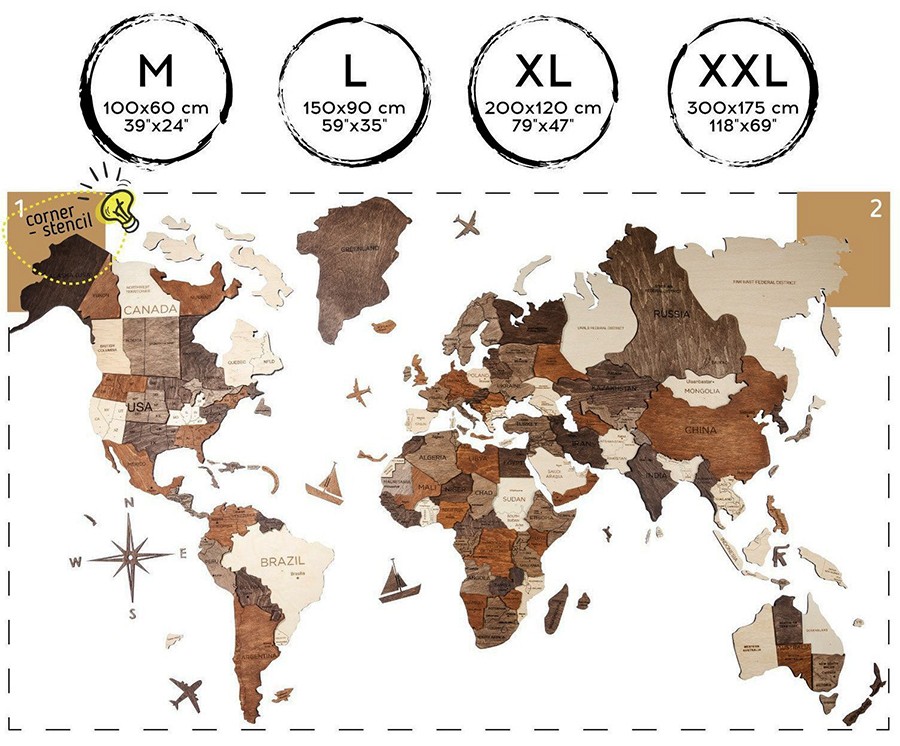 3D sienų pasaulio žemėlapio dydis XL