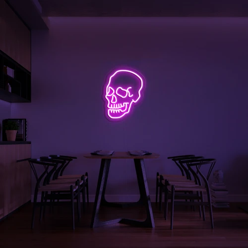 3D švytintis neoninis logotipas ant kaukolės sienos