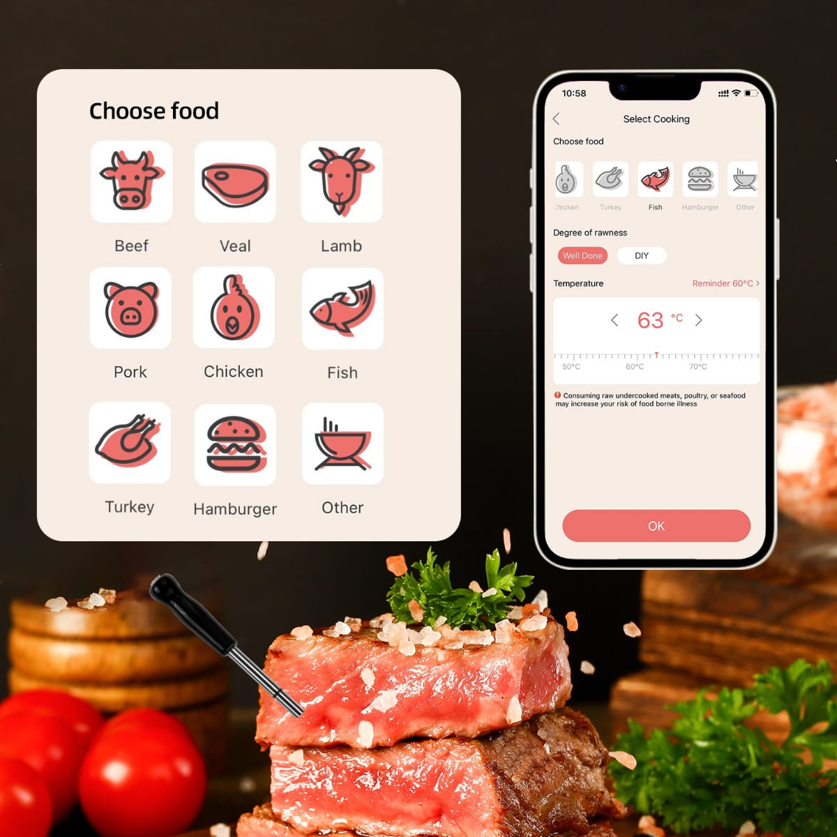 Belaidis mėsos termometras – mobiliojo telefono aplikacija