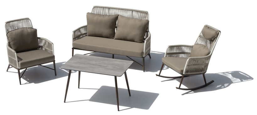 Išskirtinė sodo sėdynės aliuminio konstrukcija, sintetinė virvelė ir aukštas stalas