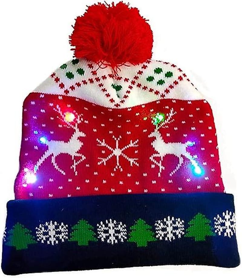 Žieminė kepurė su pom-pom, šviečiančios Kalėdos su LED lemputėmis - KALĖDINIS ELNIAS